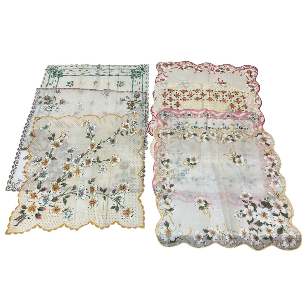 Vintage Floral Cotton Handkerchief Lot 7 Scalloped Edge Made in Philippines